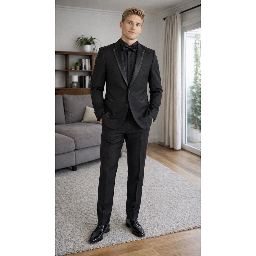 Scabal 100% Virgin Wool Black Satin Lapel Leg Stripe Tuxedo Suit Mens Size 54R